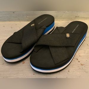 Tommy Hilfiger Slip On Wedge Platform Sandal Black Blue White Sparkly Strap‎ GC